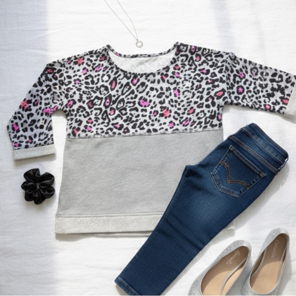 Girls Leopard Print Mid Sleeve Sweater